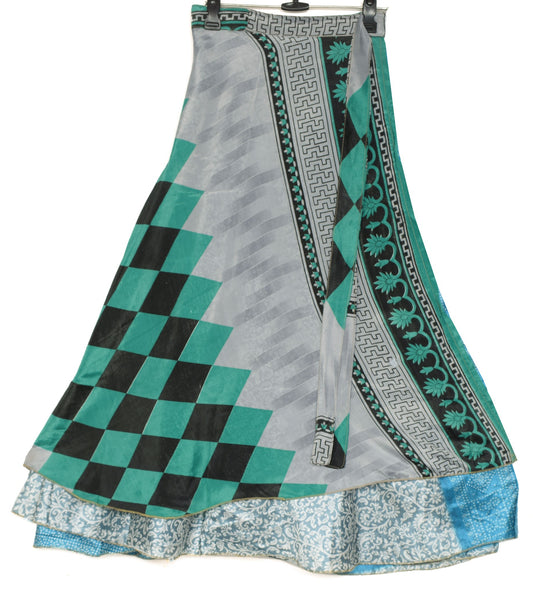 Sushila Vintage Floral Gray Saree Magic Wrap Reversible Skirt Art Silk Beach Dress