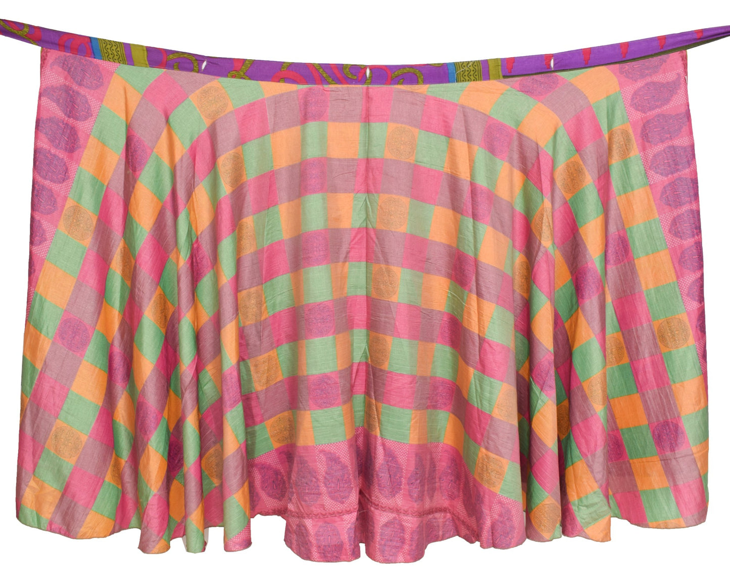 Sushila Vintage Checks Print Saree Magic Wrap Reversible Skirt Art Silk Beach Dress