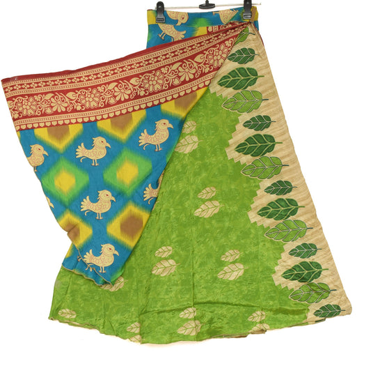 Sushila Vintage Blue Saree Magic Wrap Reversible Skirt Birds Art Silk Beach Dress
