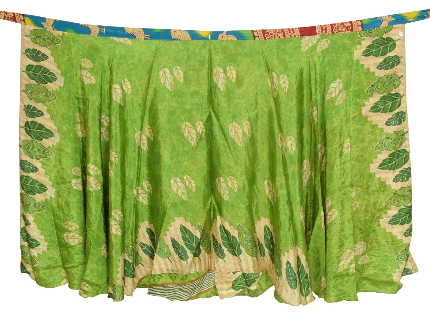 Sushila Vintage Blue Saree Magic Wrap Reversible Skirt Birds Art Silk Beach Dress