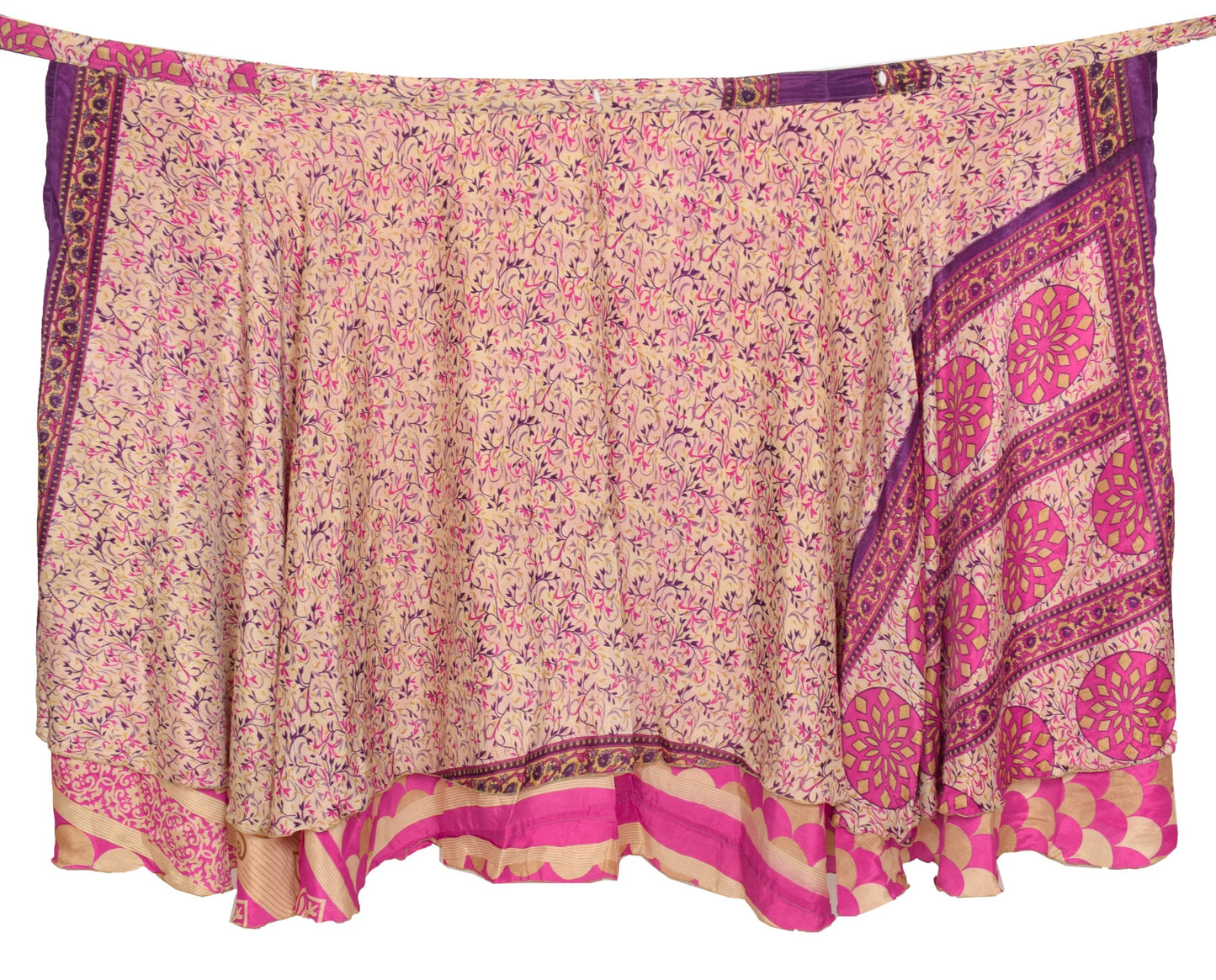 Sushila Vintage Cream Pink Saree Magic Wrap Reversible Art Silk Skirt Beach Dress
