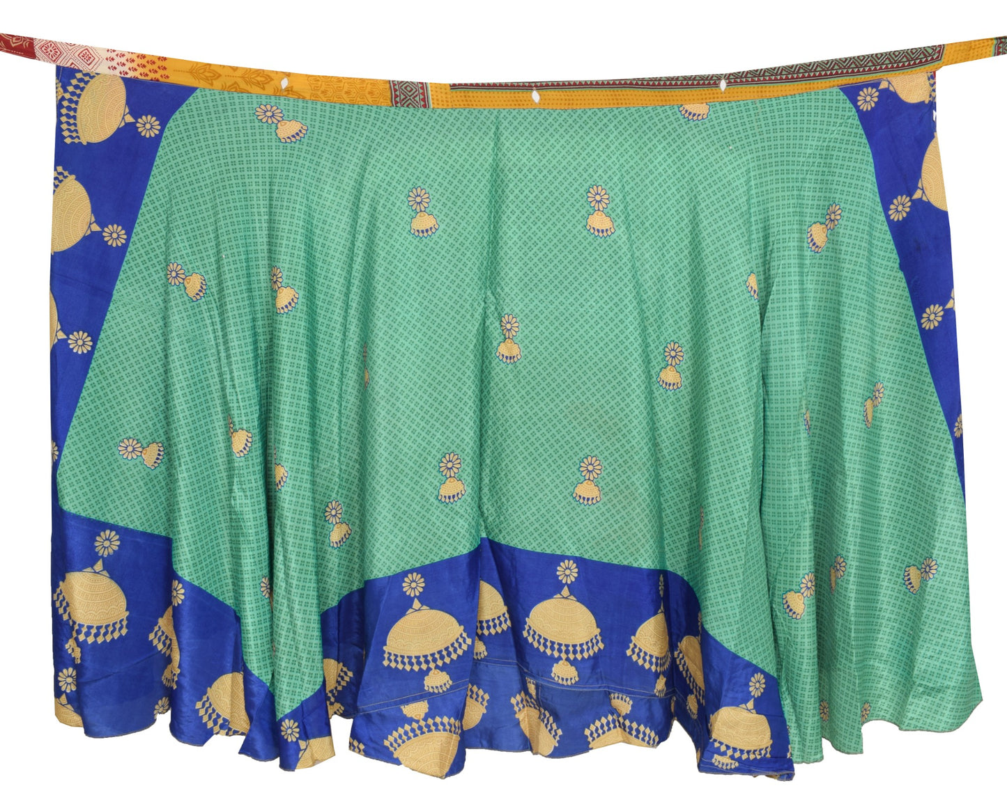 Sushila Vintage Art Silk Saree Magic Wrap Reversible Skirt Green Blue Beach Dress