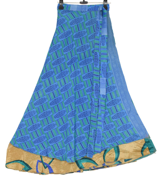 Sushila Vintage Blue Saree Magic Wrap Floral Reversible Skirt Art Silk Beach Dress