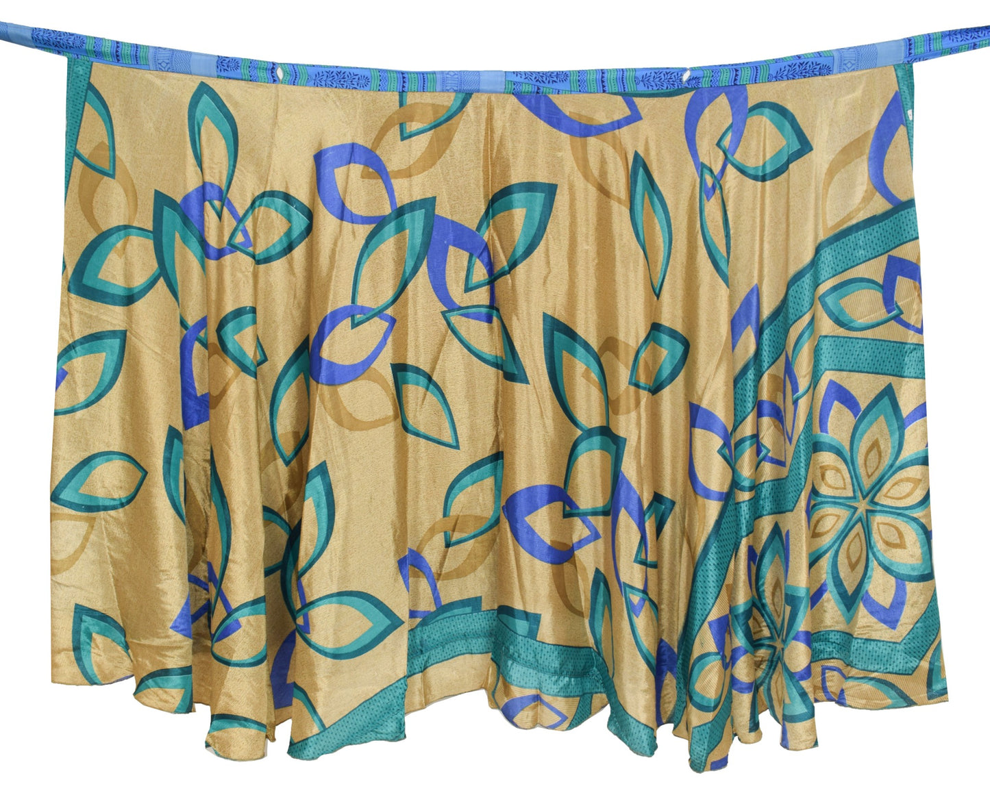 Sushila Vintage Blue Saree Magic Wrap Floral Reversible Skirt Art Silk Beach Dress