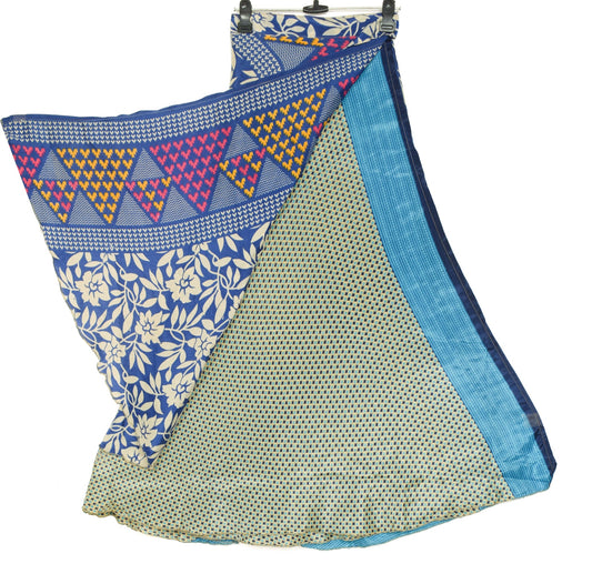 Sushila Vintage Blue Art Silk Saree Magic Wrap Reversible Skirt Dot Beach Dress