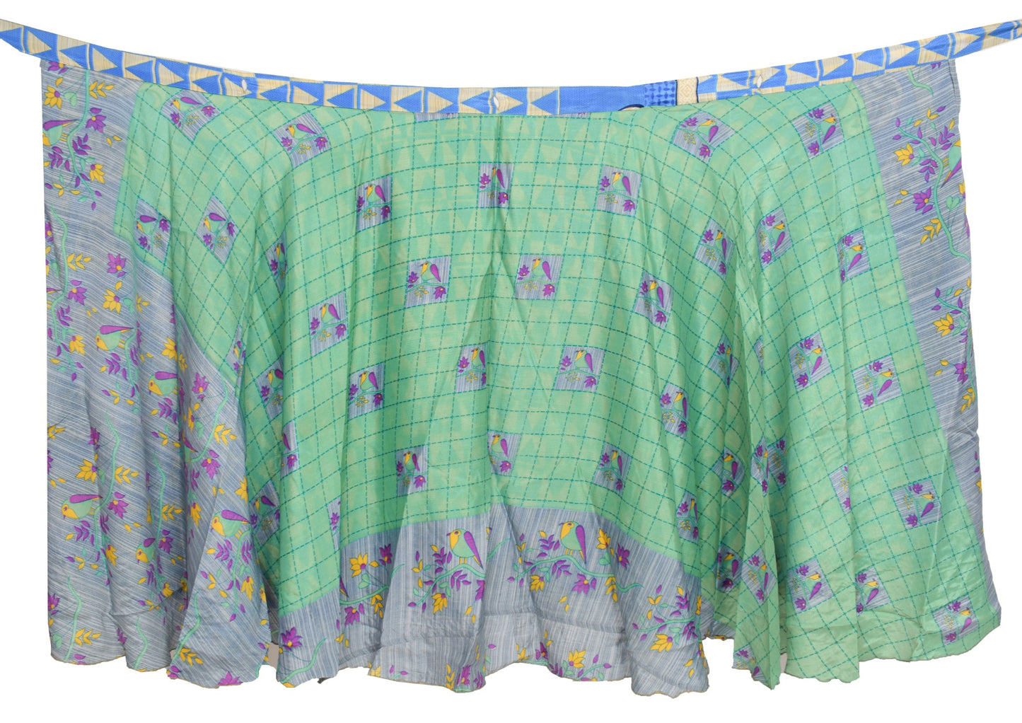 Sushila Vintage Art Silk Saree Magic Wrap Reversible Skirt Blue Green Beach Dress
