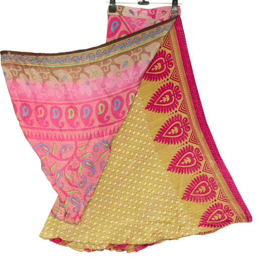 Sushila Vintage Pink Art Silk Saree Magic Wrap Reversible Skirt Beach Floral Dress