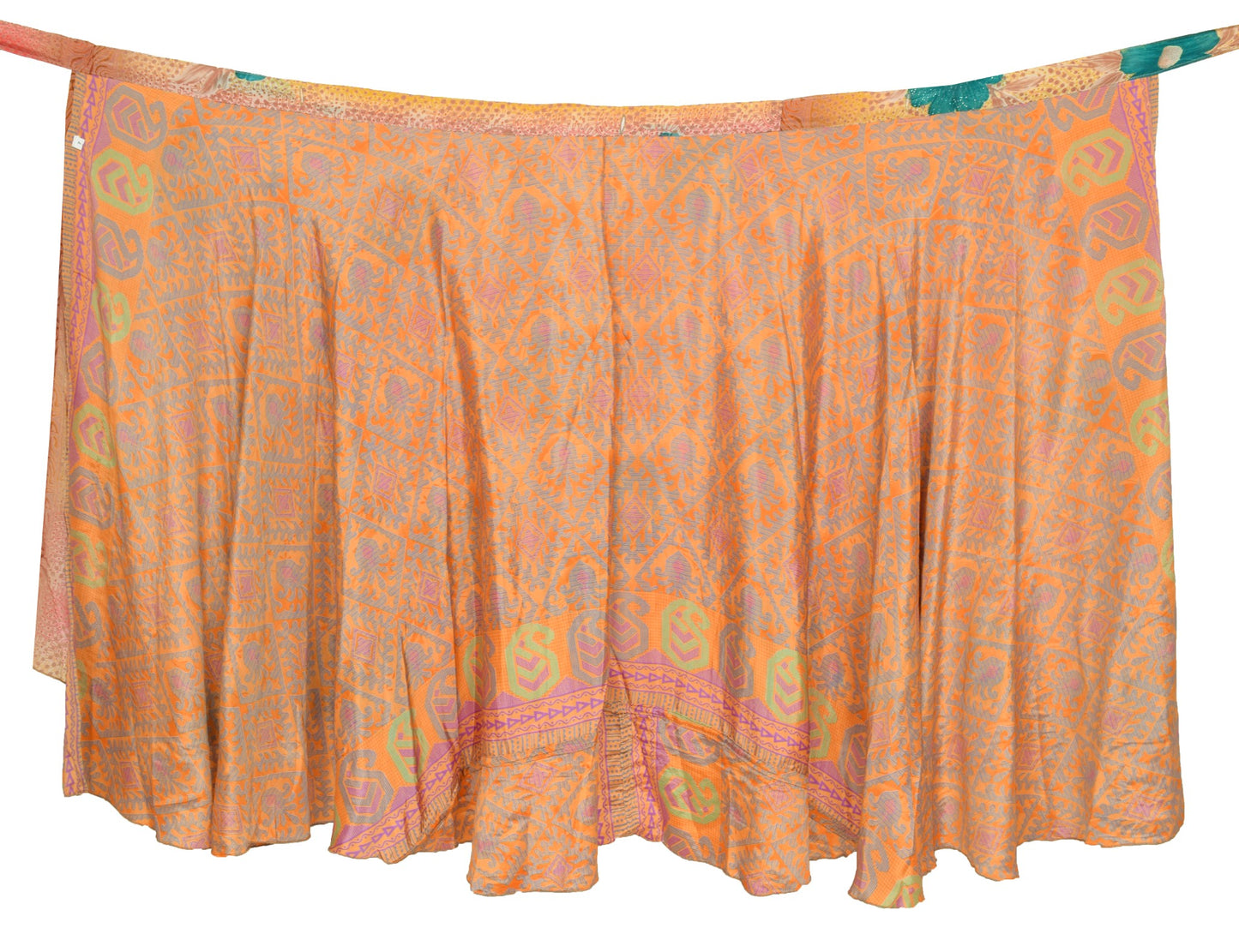 Sushila Vintage Art Silk Saree Magic Wrap Reversible Skirt Floral Orange Beach Dress