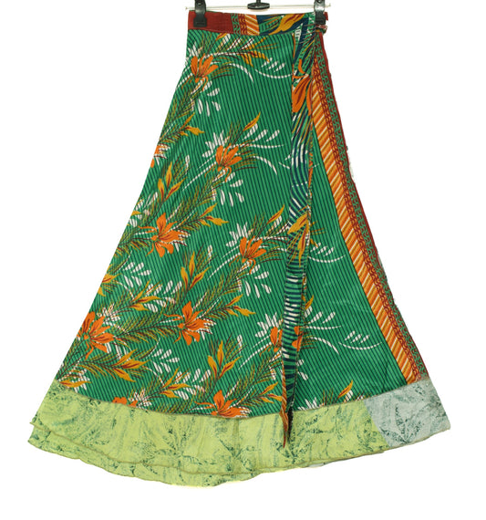 Sushila Vintage Green Gray Saree Magic Wrap Reversible Skirt Art Silk Beach Dress
