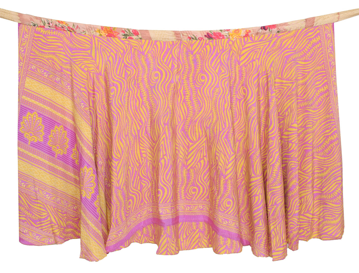 Sushila Vintage Art Silk Saree Magic Wrap Reversible Skirt Yellow Pink Beach Dress