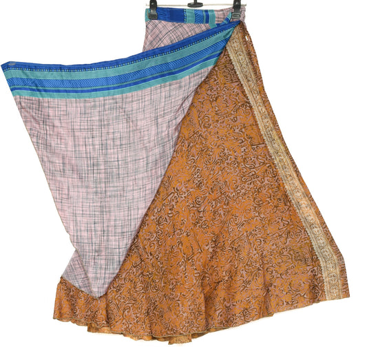 Sushila Vintage Pink Checks Art Silk Saree Magic Wrap Reversible Skirt Beach Dress