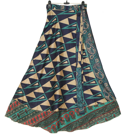 Sushila Vintage Antique Print Saree Magic Wrap Reversible Skirt Art Silk Beach Dress