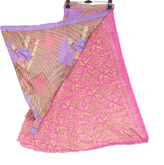 Sushila Vintage Art Silk Saree Magic Wrap Reversible Skirt Floral Pink Beach Dress