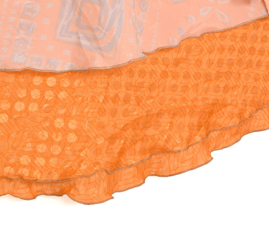 Sushila Vintage Art Silk Saree Magic Wrap Floral Reversible Skirt Orange Beach Dress