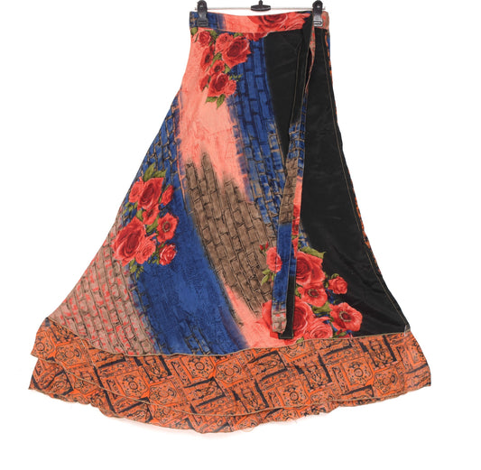 Sushila Vintage Black Floral Saree Magic Wrap Reversible Skirt Art Silk Beach Dress