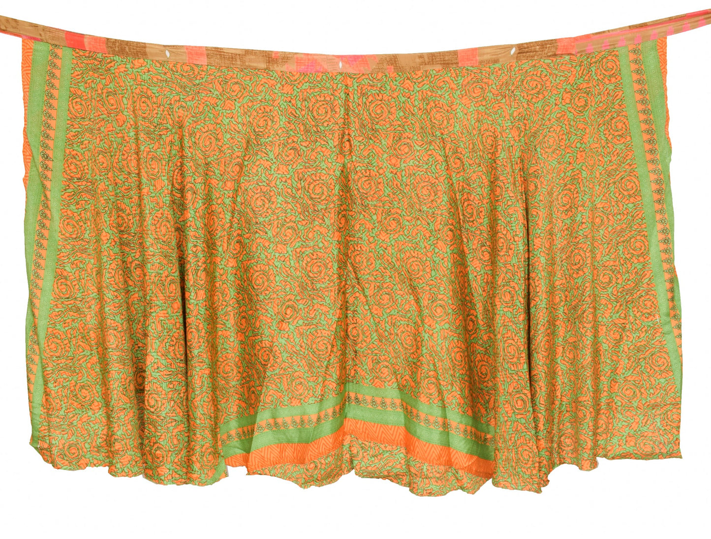 Sushila Vintage Art Silk Saree Magic Wrap Green Orange Reversible Skirt Beach Dress
