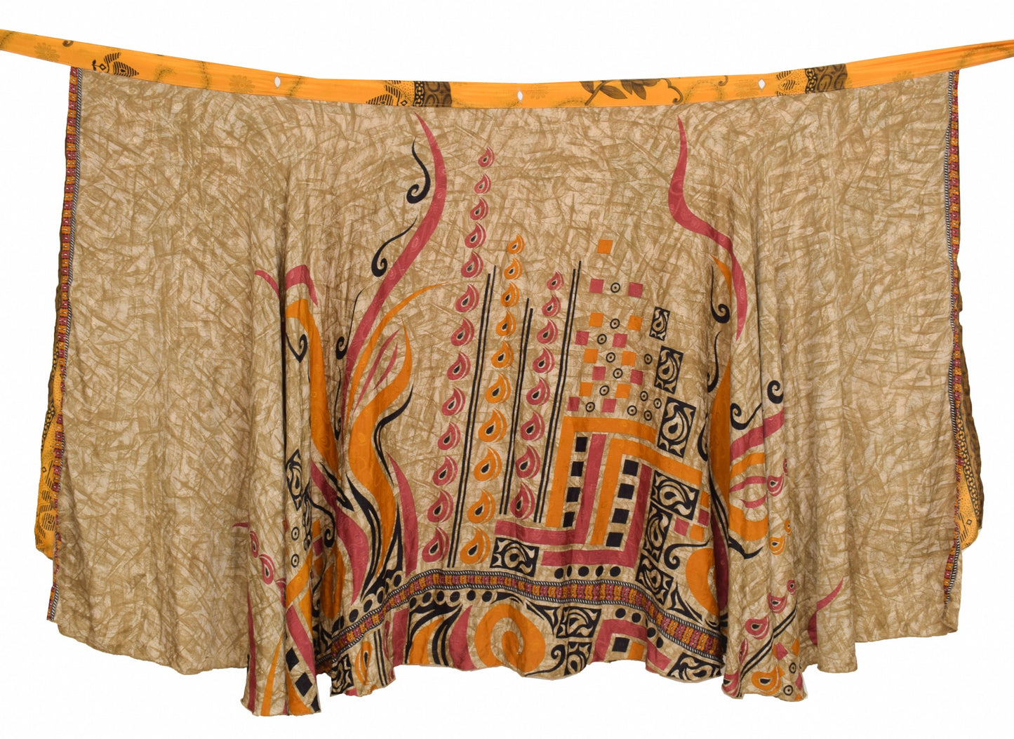 Sushila Vintage Brown Yellow Saree Magic Wrap Reversible Skirt Art Silk Beach Dress