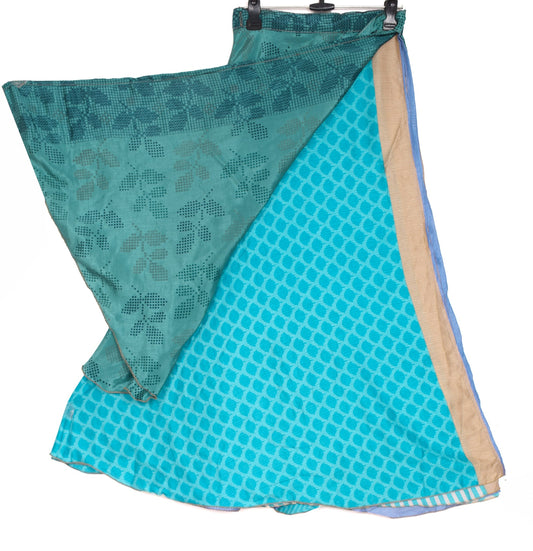 Sushila Vintage Turquoise Saree Magic Wrap Reversible Skirt Art Silk Beach Dress
