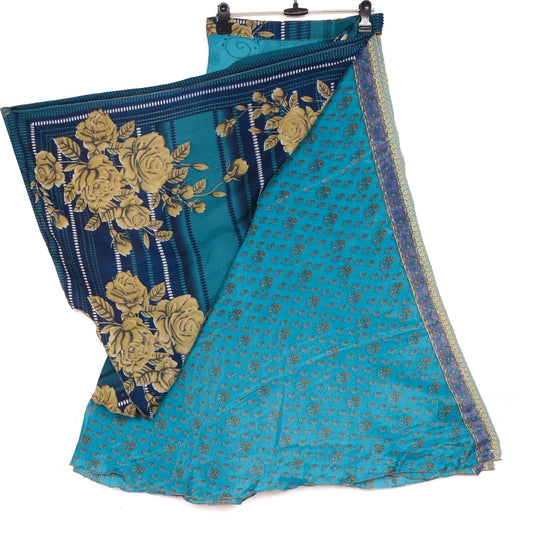 Sushila Vintage Art Silk Saree Magic Wrap Reversible Skirt Floral Blue Beach Dress