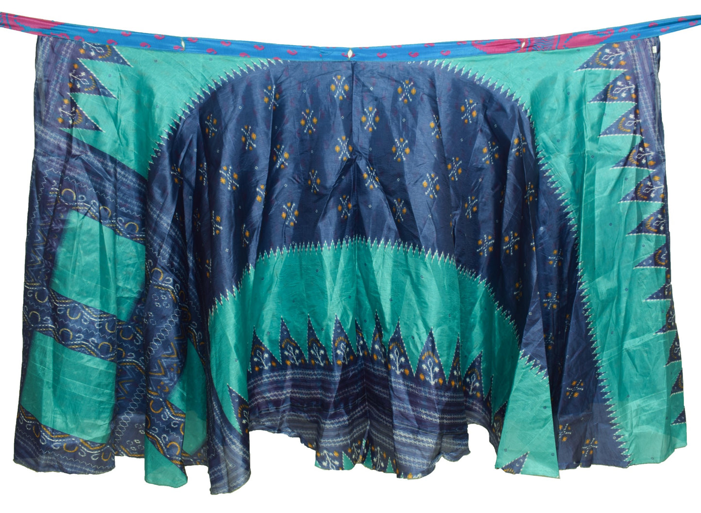 Sushila Vintage Art Silk Saree Blue Magic Wrap Reversible Skirt Beach Dress Boho