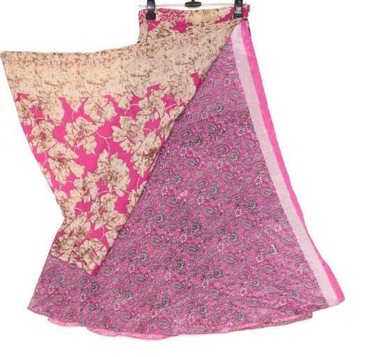 Sushila Vintage Magic Wrap Floral Pink Saree Reversible Skirt Art Silk Beach Dress