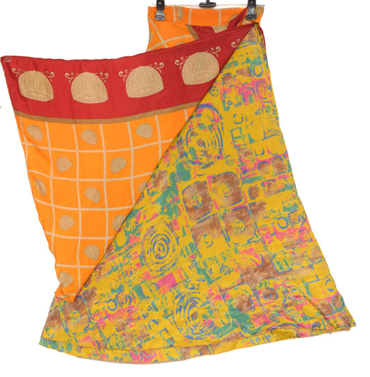 Sushila Vintage Orange Saree Magic Wrap Reversible Skirt Art Silk Beach Dress Hippie