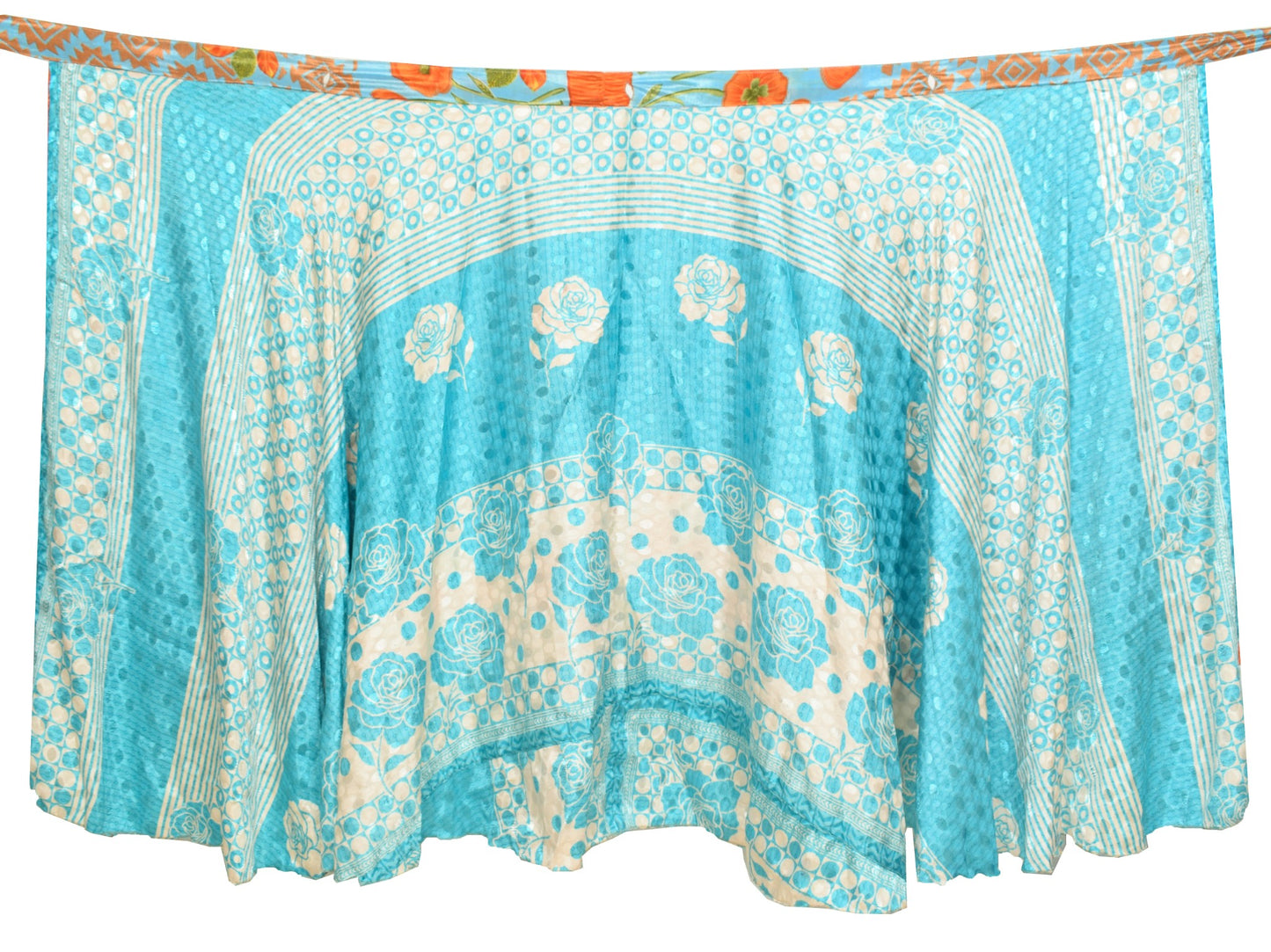 Sushila Vintage Art Silk Saree Magic Wrap Reversible Skirt Aqua Blue Beach Dress