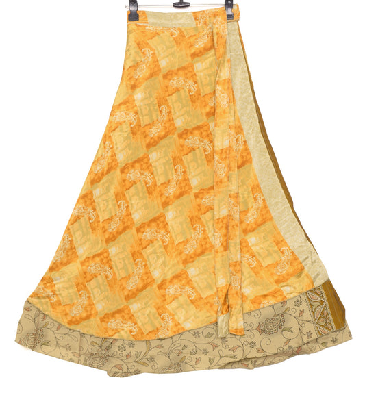 Sushila Vintage Art Silk Saree Magic Wrap Reversible Skirt Yellow Brown Beach Dress