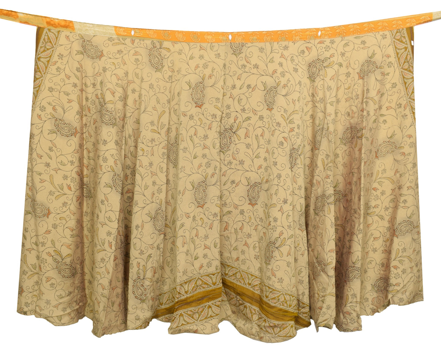 Sushila Vintage Art Silk Saree Magic Wrap Reversible Skirt Yellow Brown Beach Dress