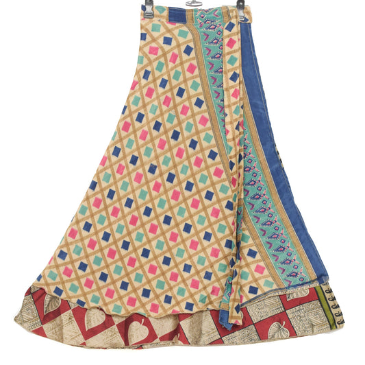 Sushila Vintage Art Silk Saree Magic Wrap Reversible Checks Print Skirt Beach Dress