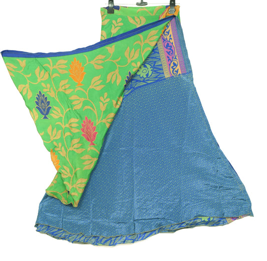 Sushila Vintage Blue Green Saree Magic Wrap Reversible Skirt Art Silk Beach Dress
