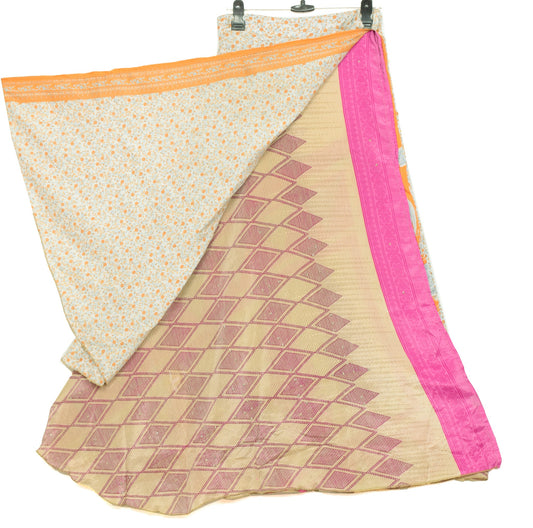 Sushila Vintage Art Silk Saree Magic Wrap Reversible Skirt Floral White Beach Dress