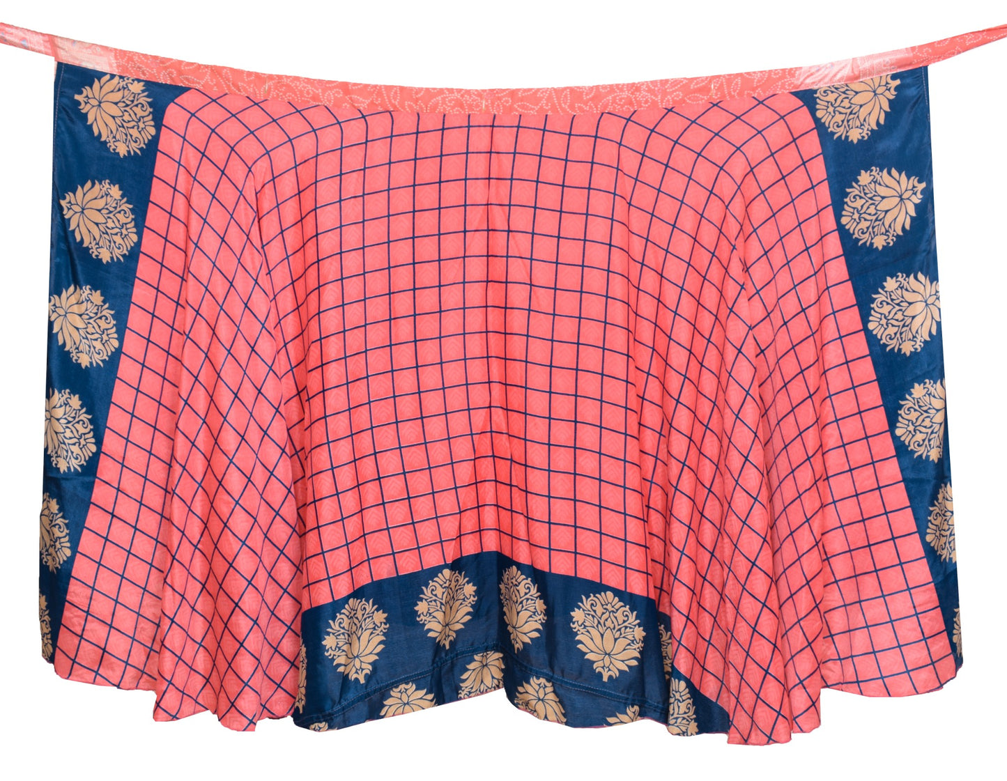 Sushila Vintage Magic Wrap Checks Pink Saree Reversible Skirt Art Silk Beach Dress