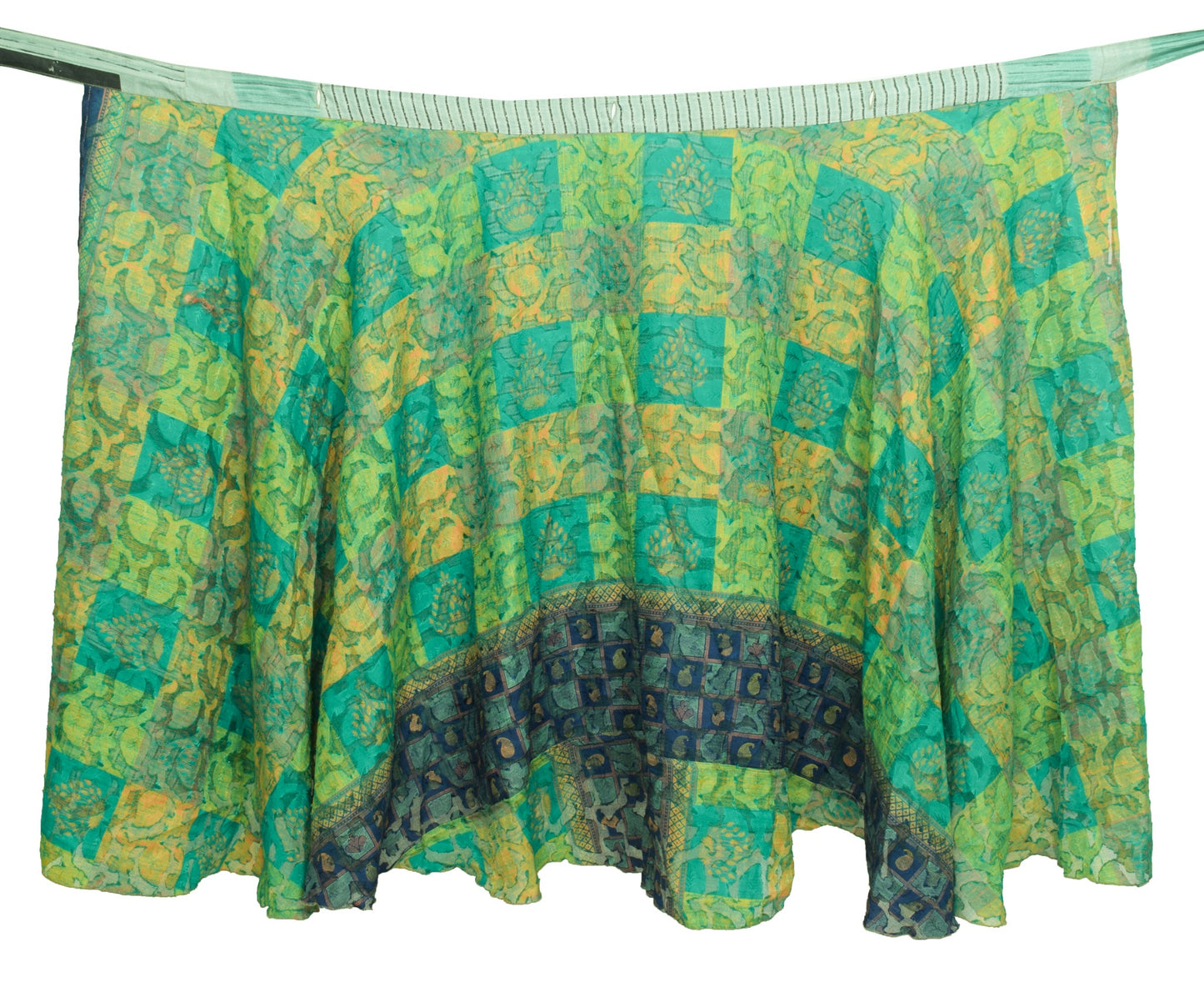 Sushila Vintage Floral Saree Magic Wrap Reversible Skirt Green Art Silk Beach Dress