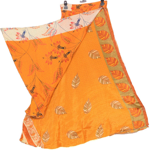 Sushila Vintage Floral Art Silk Saree Magic Wrap Reversible Skirt Yellow Beach Dress