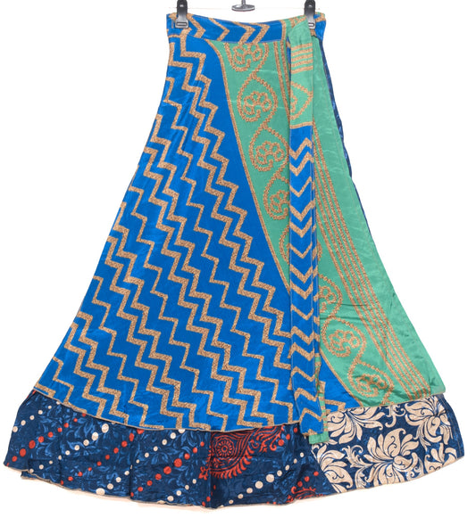 Sushila Vintage Blue Art Silk Saree Magic Wrap 2 Layer Reversible Skirt Beach Dress