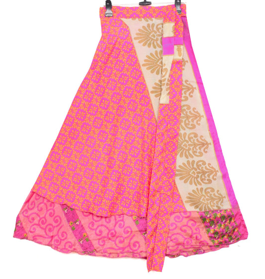 Sushila Vintage Art Silk Saree Magic Wrap Reversible Pink Floral Skirt Beach Dress
