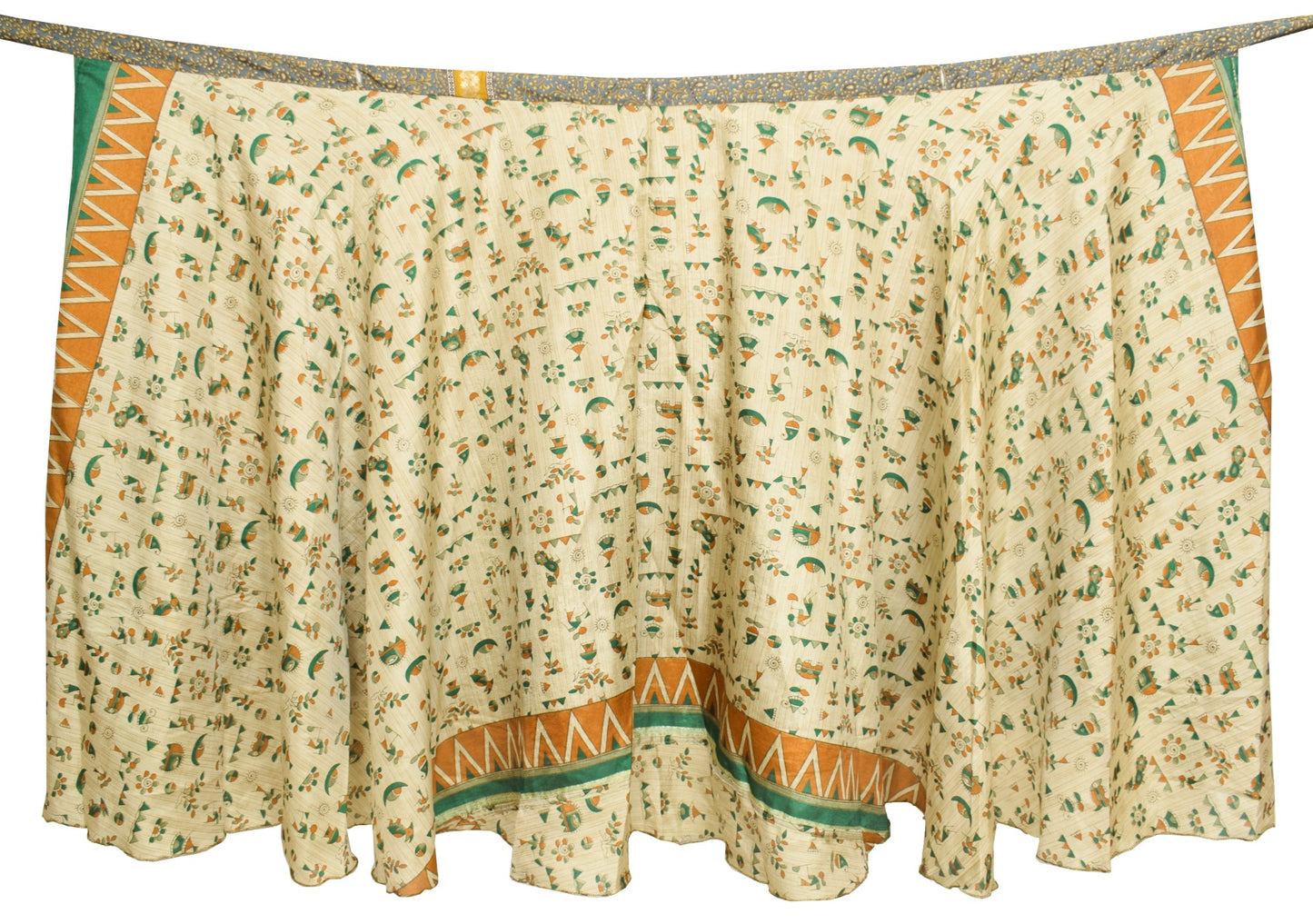 Sushila Vintage Gray Cream Art Silk Sari Magic Wrap Reversible Skirt BeachDress