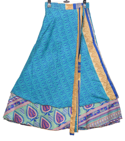 Sushila Vintage Blue Art Silk Saree Magic Wrap Reversible Skirt Beach Dress Boho