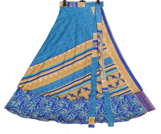 Sushila Vintage Art Silk Saree Magic Wrap Reversible Blue Skirt Beach Dress Boho