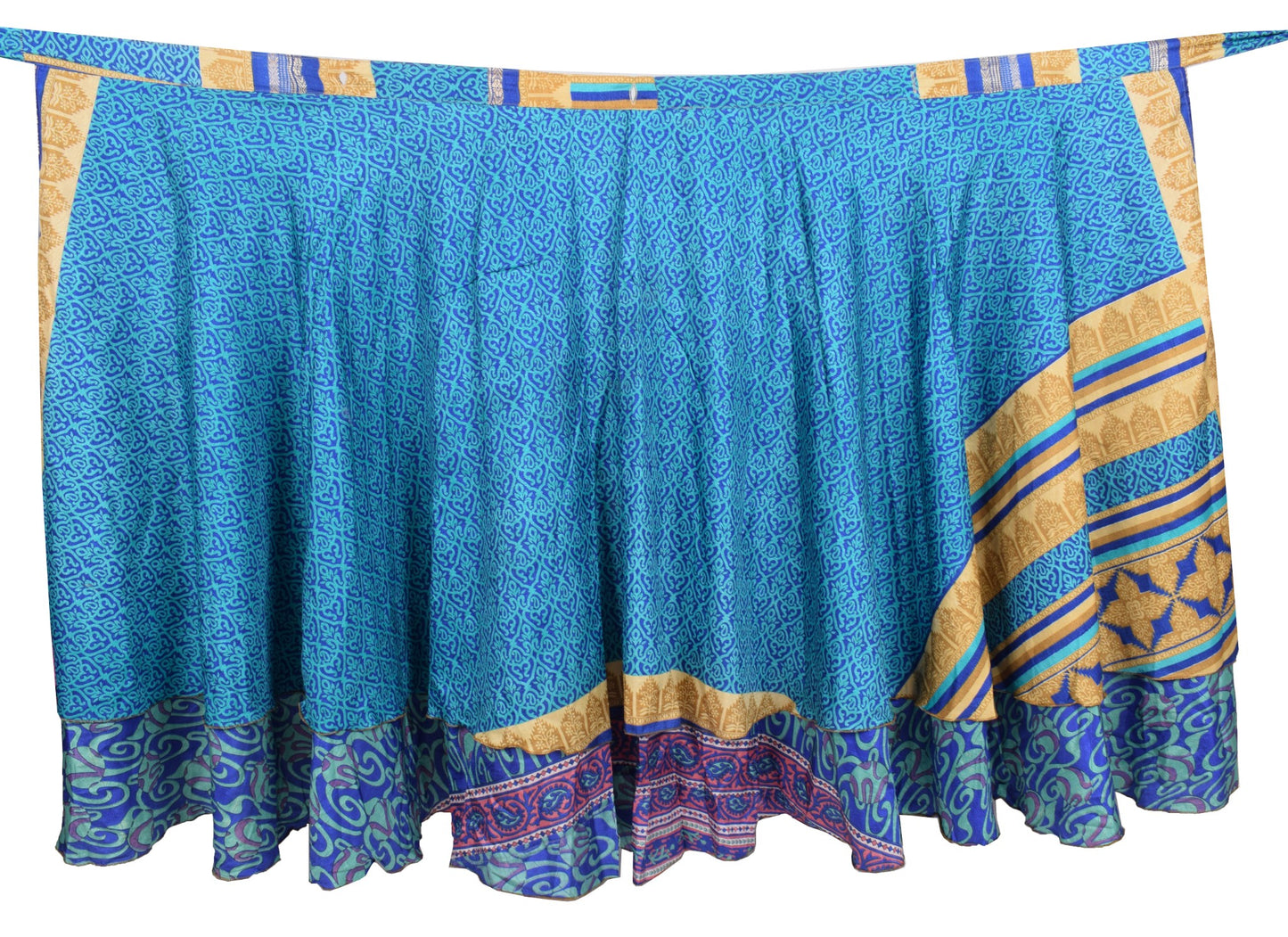 Sushila Vintage Art Silk Saree Magic Wrap Reversible Blue Skirt Beach Dress Boho