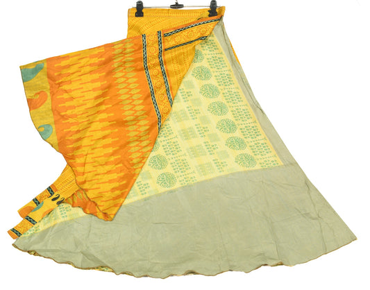 Sushila Vintage Saree Magic Wrap Floral Yellow Reversible Skirt Art Silk Beach Dress