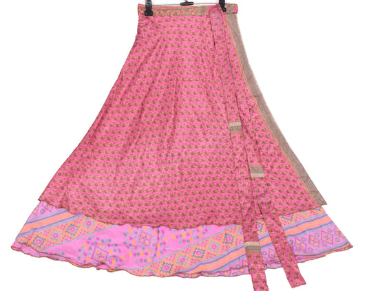 Sushila Vintage Pink Art Silk Saree Magic Wrap Reversible Skirt Beach Dress Boho