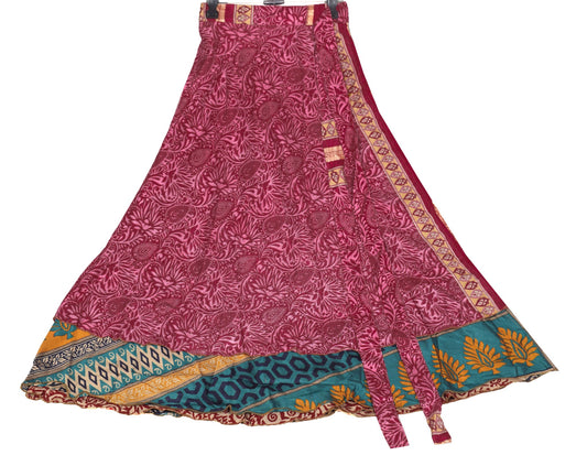 Sushila Vintage Art Silk Saree Magic Wrap Reversible Skirt Floral Pink Beach Dress