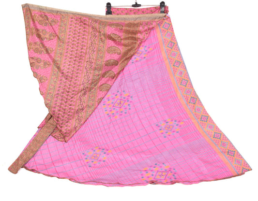 Sushila Vintage Pink Art Silk Saree Magic Wrap Reversible Skirt Beach Dress