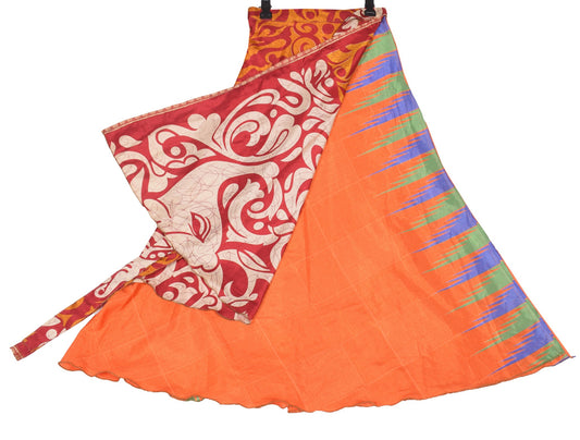 Sushila Vintage Art Silk Saree Magic Wrap Reversible Skirt Beach Dress Red Orange