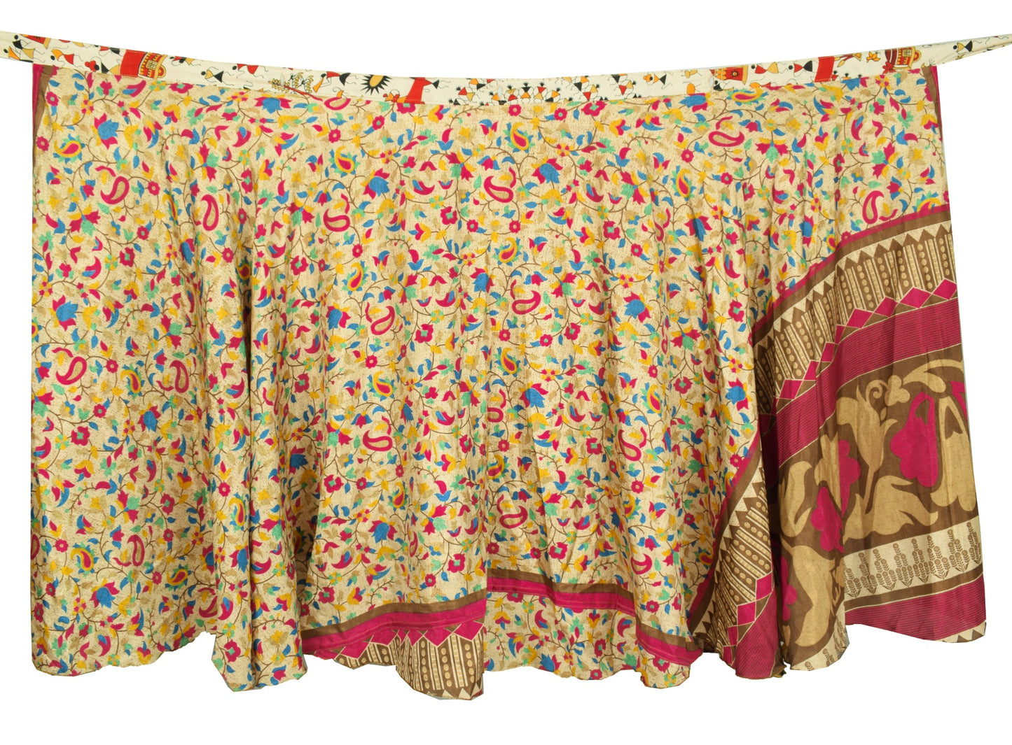 Sushila Vintage Art Silk Saree Magic Wrap Reversible Skirt Warli Print Dress