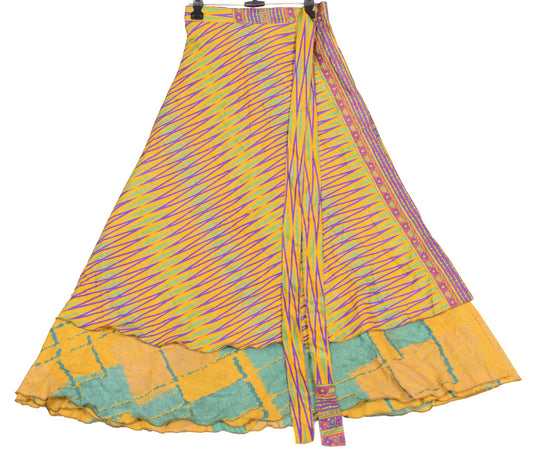 Sushila Vintage Art Silk Saree Magic Wrap Reversible Skirt Yellow Beach Dress