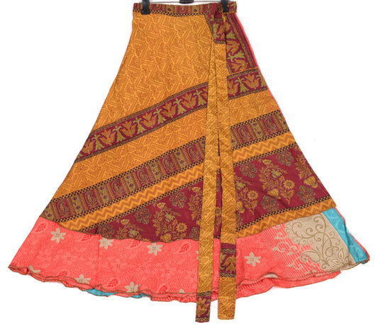Sushila Vintage Mustard Art Silk Saree Magic Wrap Reversible Skirt Beach Dress