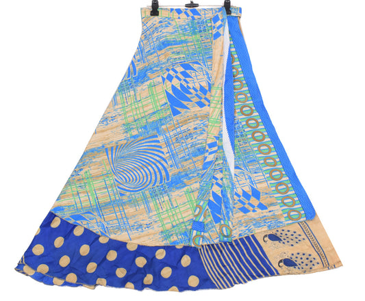 Sushila Vintage Blue Art Silk Saree Magic Wrap Reversible Skirt Polka Dot Dress